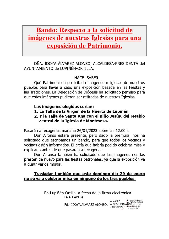 Imagen Bando: Respecto a la solicitud de imágenes de nuestras Iglesias para una exposición de Patrimonio.