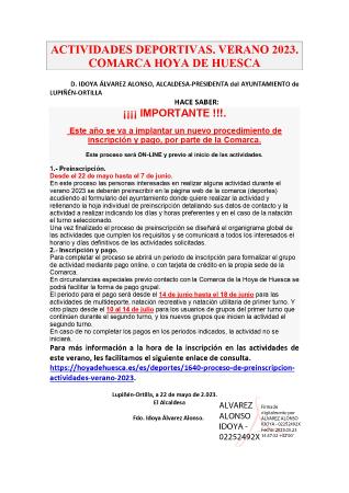 Imagen Bando: Actividades deportivas verano 2023. Comarca Hoya de Huesca