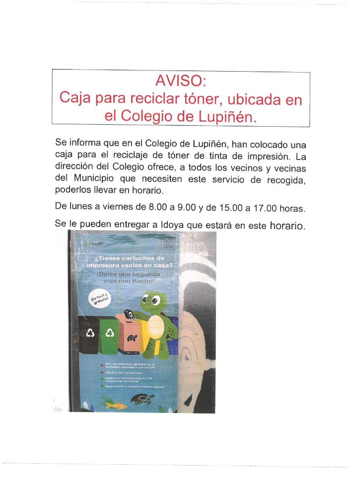 Imagen Bando. Caja para reciclar tóner, ubicada en el colegio de Lupiñén