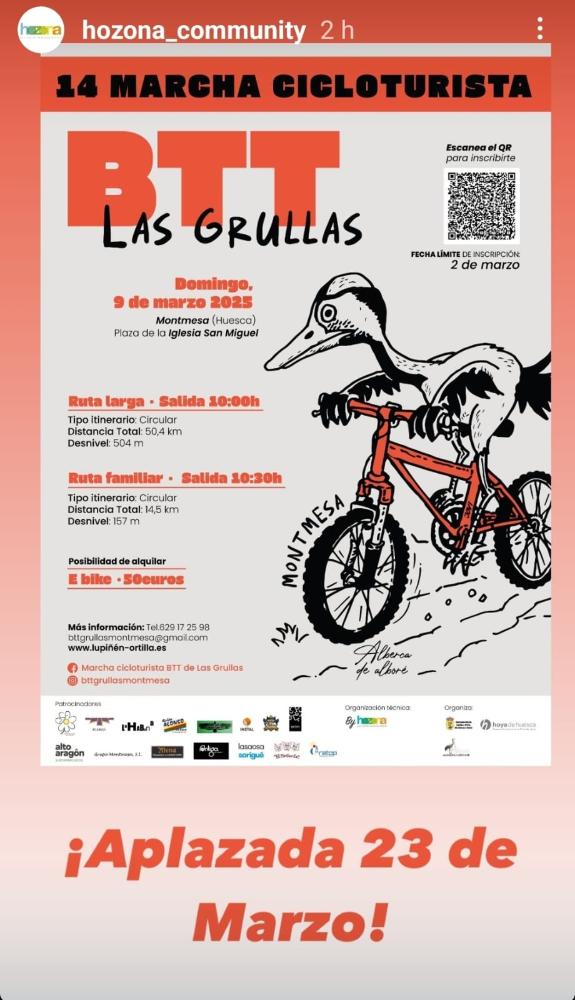 Imagen Aviso: Se aplaza la BTT de Montmesa para el domingo 23 de marzo de 2025