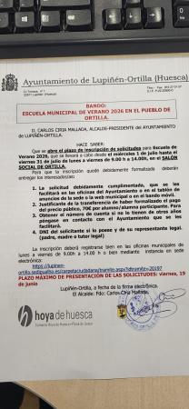 Bando: Escuela de verano 2026 en Ortilla. Plazo de inscripción hasta el...
