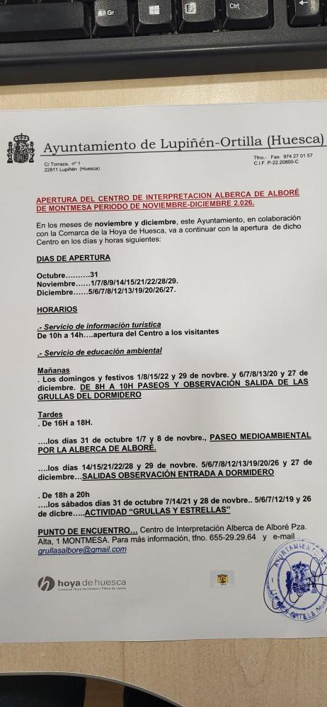 Imagen APERTURA DEL CENTRO DE INTERPRETACION ALBERCA DE ALBORÉ DE MONTMESA PERIODO DE NOVIEMBRE-DICIEMBRE 2.026.